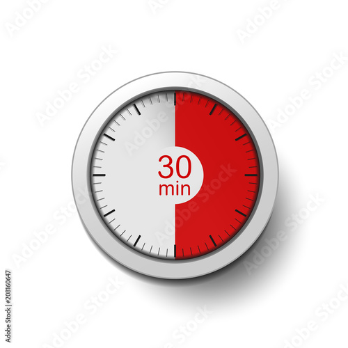 Time interval of 30 minutes, isolated on a white background, with good detail in the form of shadows and a time interval (red color) vector illustration. 30-minute break, Time interval