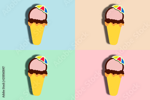 Four ice creams cones illustration on colorful background. 