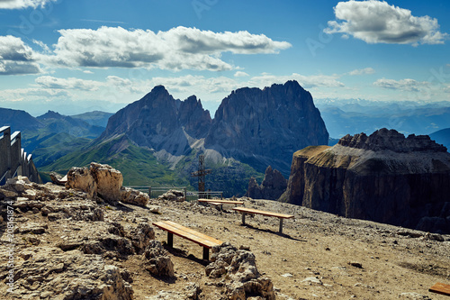 The view from the top of the peak of the mountain in the Dolomites, Alps, Tirol 