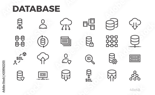 Database icons. Server, data processing, cloud technologies. Editable line.