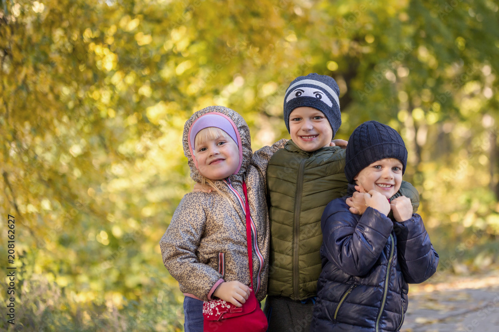 Group of happy three kids having fun outdoors in autumn park. Cute children enjoy hugging together against golden fall background. Best frend forever and happy childhood concept Group of happy three kids having fun outdoors in autumn park. Cute children enjoy hugging together against golden fall background. Best frend forever and happy childhood concept