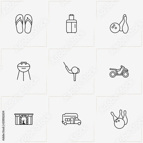 Holiday line icon set with bowling, four wheel bike  and golf