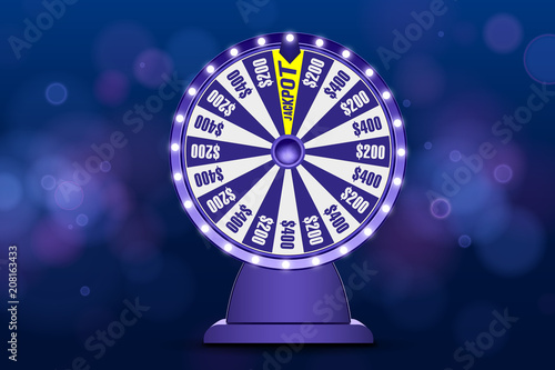 Blue fortune wheel 3d object on abstract defocused circular blue bokeh background. Wheel of luck lottery. Jack pot