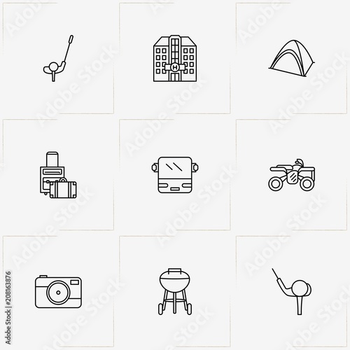 Holiday line icon set with baggage, golf  and camping tent