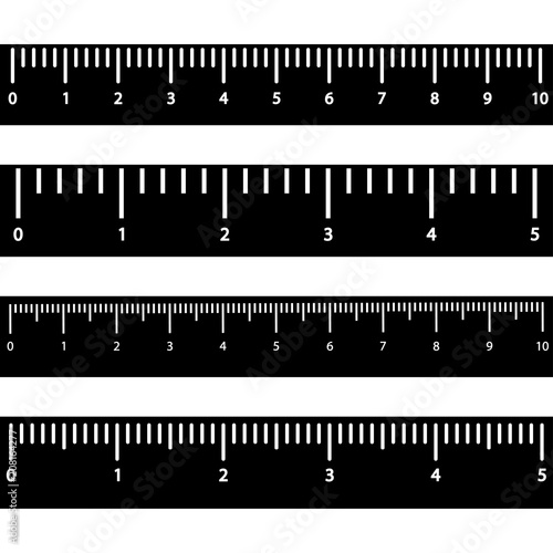 Set of black rulers with white scale and numbers. Vector illustration