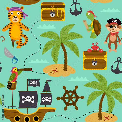 seamless pattern map of treasures with pirates animals  - vector illustration, eps
