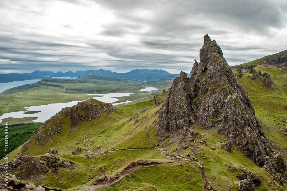 Rocky landscape dominated by Old Man of Storr on Isle of Skye in Scotland