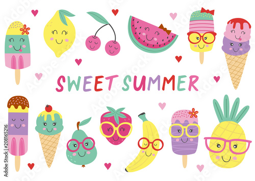 set of isolated cute ice cream and fruits - vector illustration, eps
