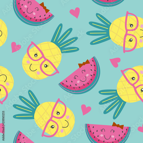 seamless pattern with cute pineapple and watermelon - vector illustration, eps