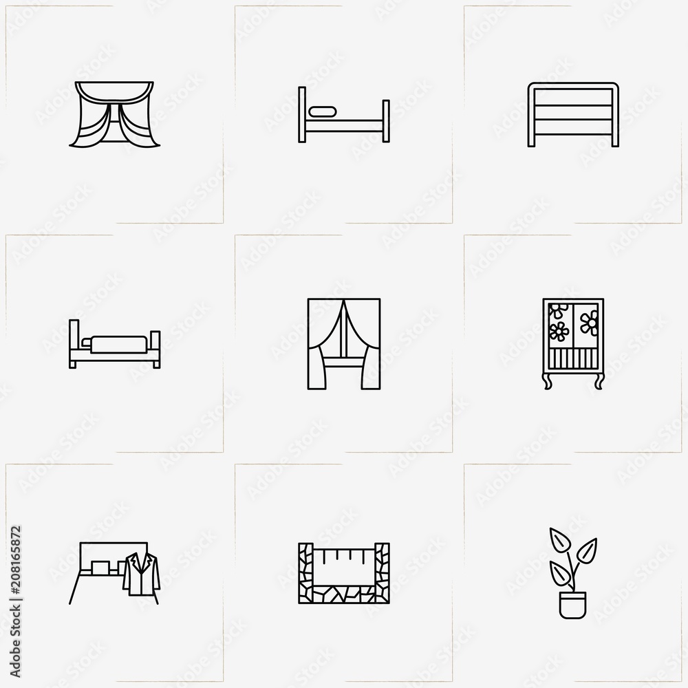 Home line icon set with plant in pot, curtain and cupboard Home line icon set with plant in pot, curtain and cupboard