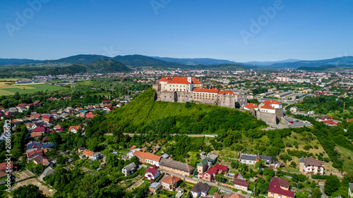Beautiful panoramic aerial view to Palanok Castle in the city of Mukachevo.