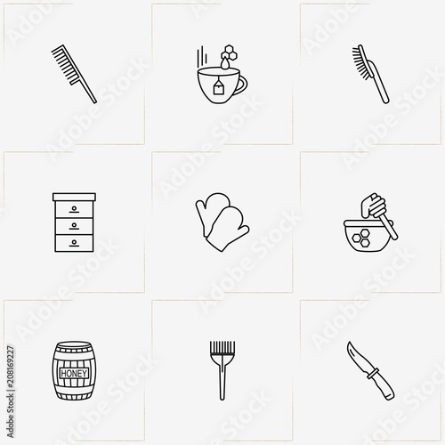 Honey line icon set with comb, gloves and honey tea