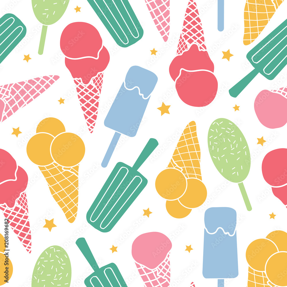 Cute ice cream and stars seamless pattern. Great for yummy summer dessert wallpaper, backgrounds, packaging, fabric, scrapbooking, and giftwrap projects. Surface pattern design. Cute ice cream and stars seamless pattern. Great for yummy summer dessert wallpaper, backgrounds, packaging, fabric, scrapbooking, and giftwrap projects. Surface pattern design.