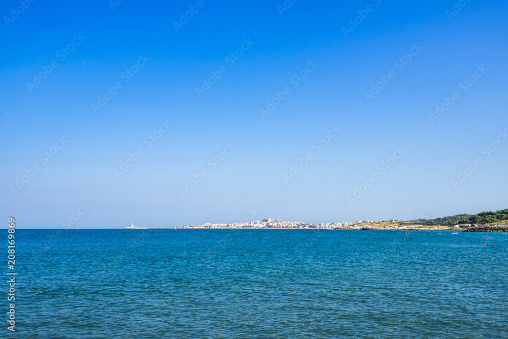 Summer seascape with the town of Vieste on the background, Gargano peninsula, Apulia, Italy