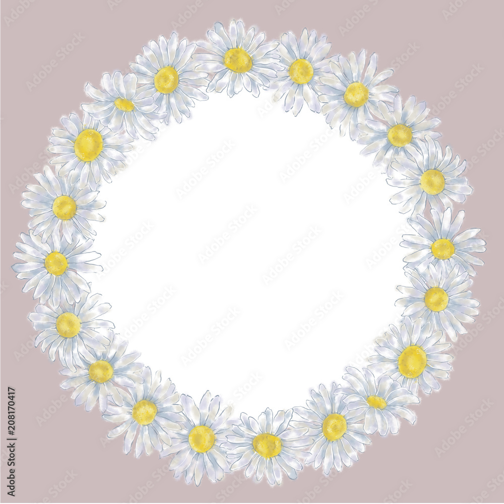 Daisy Round Wreath on Pink Background with Text Copy Space Isolated on White. Chamomile Round Frame for Announcements, Advertising, Invitations, Cards, and Promotional Materials. Romantic Frame. Daisy Round Wreath on Pink Background with Text Copy Space Isolated on White. Chamomile Round Frame for Announcements, Advertising, Invitations, Cards, and Promotional Materials. Romantic Frame.