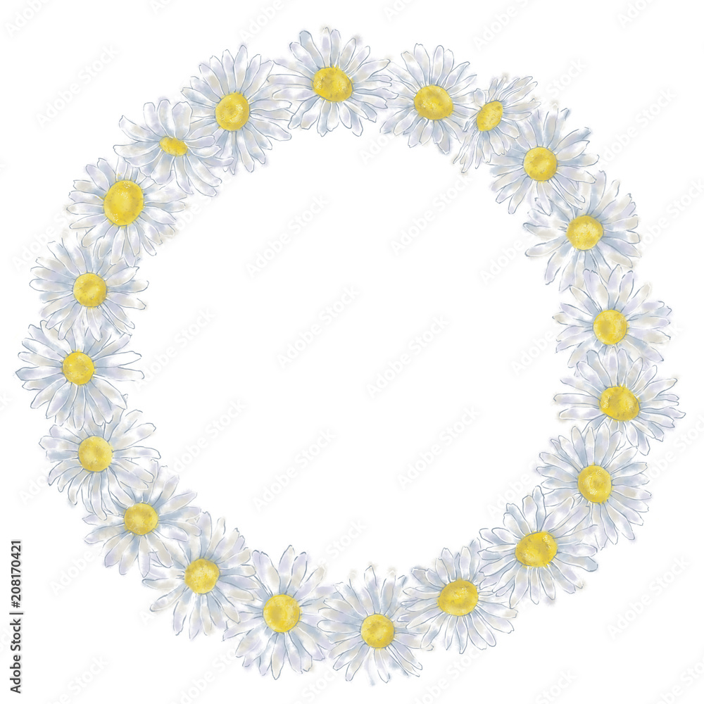 Daisy Round Wreath Isolated on White Background with Text Copy Space. Chamomile Round Frame for Announcements, Advertising, Invitations, Cards, and Promotional Materials. Romantic Floral Frame.