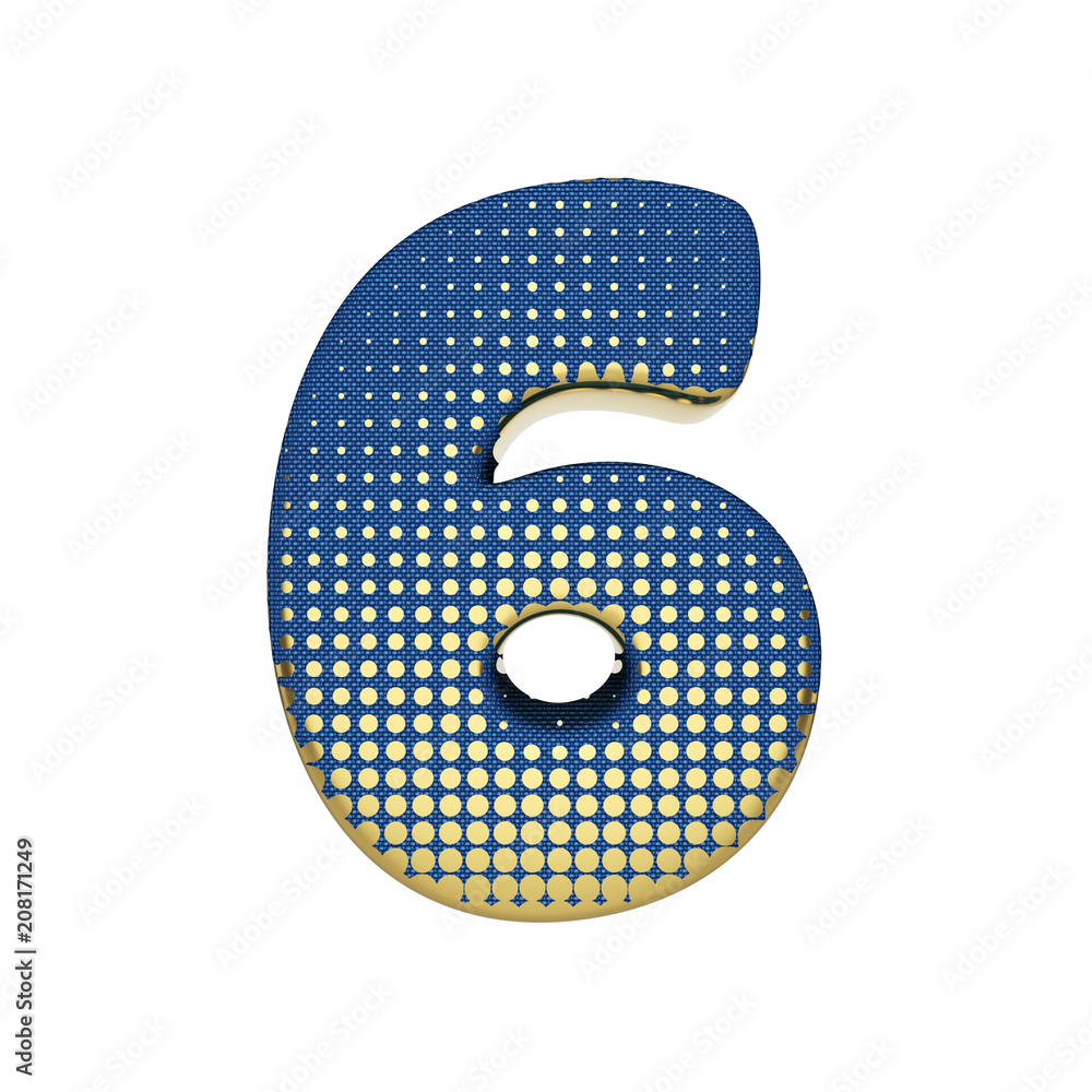 Alphabet number 6. Gold halftone font made of blue jean texture. 3D render isolated on white background. Alphabet number 6. Gold halftone font made of blue jean texture. 3D render isolated on white background.