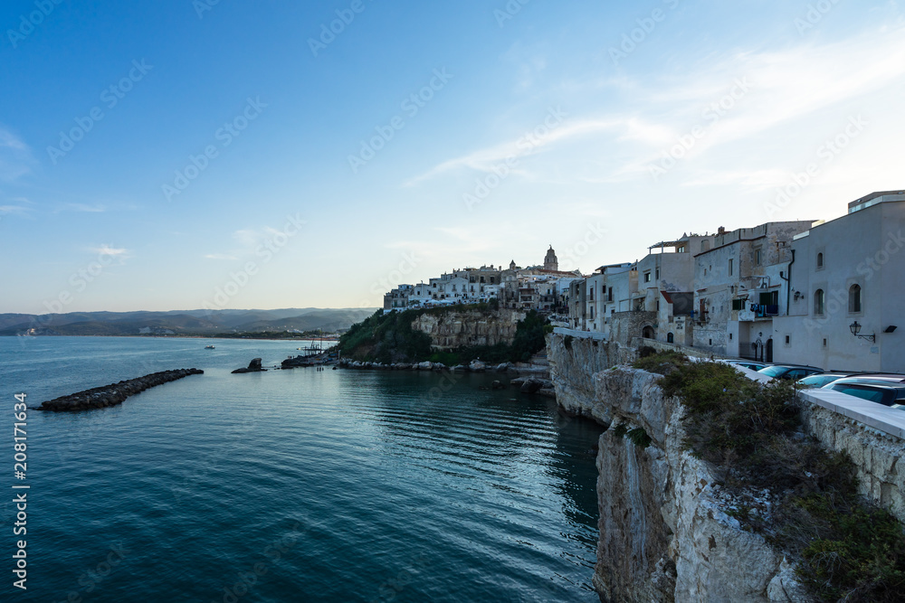 Seascape with the historic centre of Vieste, a famous seaside town for summer holidays, Gargano, Apulia, Italy