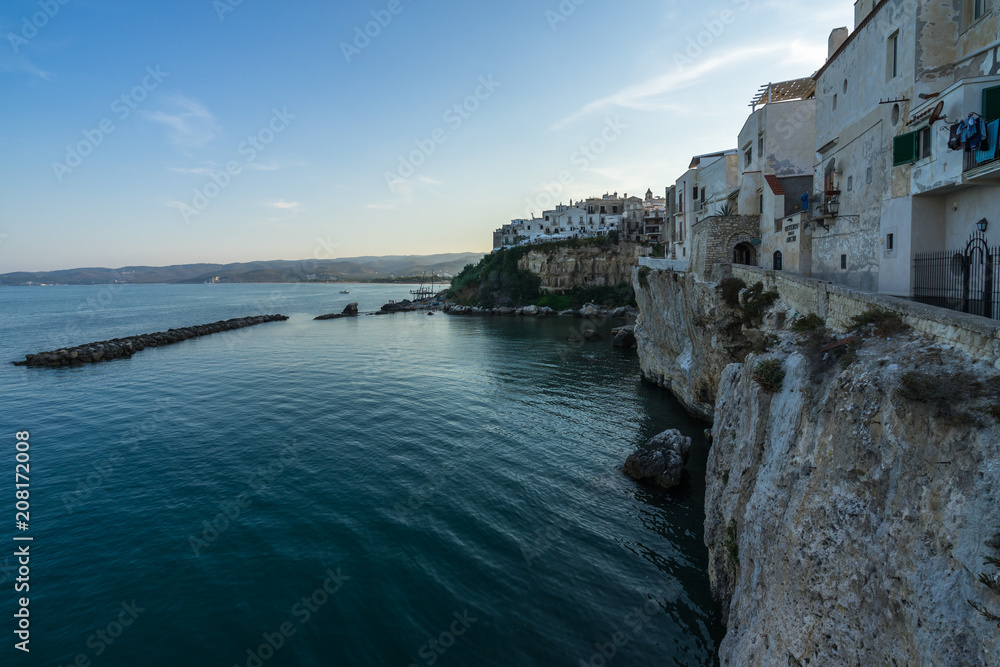 Seascape with the historic centre of Vieste, a famous seaside town for summer holidays, Gargano, Apulia, Italy