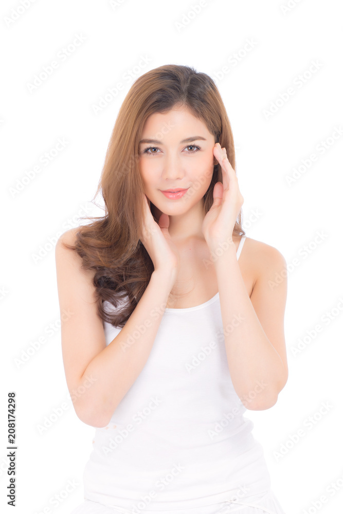 Portrait of beautiful woman makeup of cosmetic, girl hand touch cheek and smile attractive, face of beauty perfect with wellness isolated on white background with skin healthcare concept. Portrait of beautiful woman makeup of cosmetic, girl hand touch cheek and smile attractive, face of beauty perfect with wellness isolated on white background with skin healthcare concept.