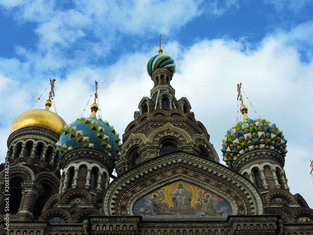 Dome of Savior on the Spilled Blood in Saint Petersburg on a blue cloudy day