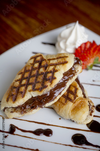 Chocolate Panini, Creamy mascapone cheese and dark chocolate pressed on a buttery croissant
