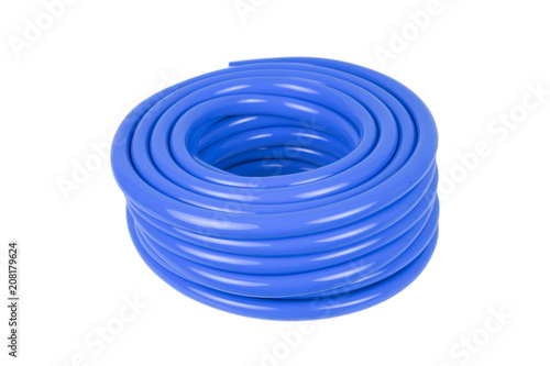Blue plastic hose isolated on white background.