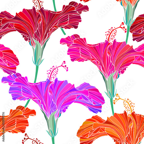 Beautiful seamless floral jungle pattern background. Tropical flowers bright color background. Hibiscus flower realistic vector repeatable design.