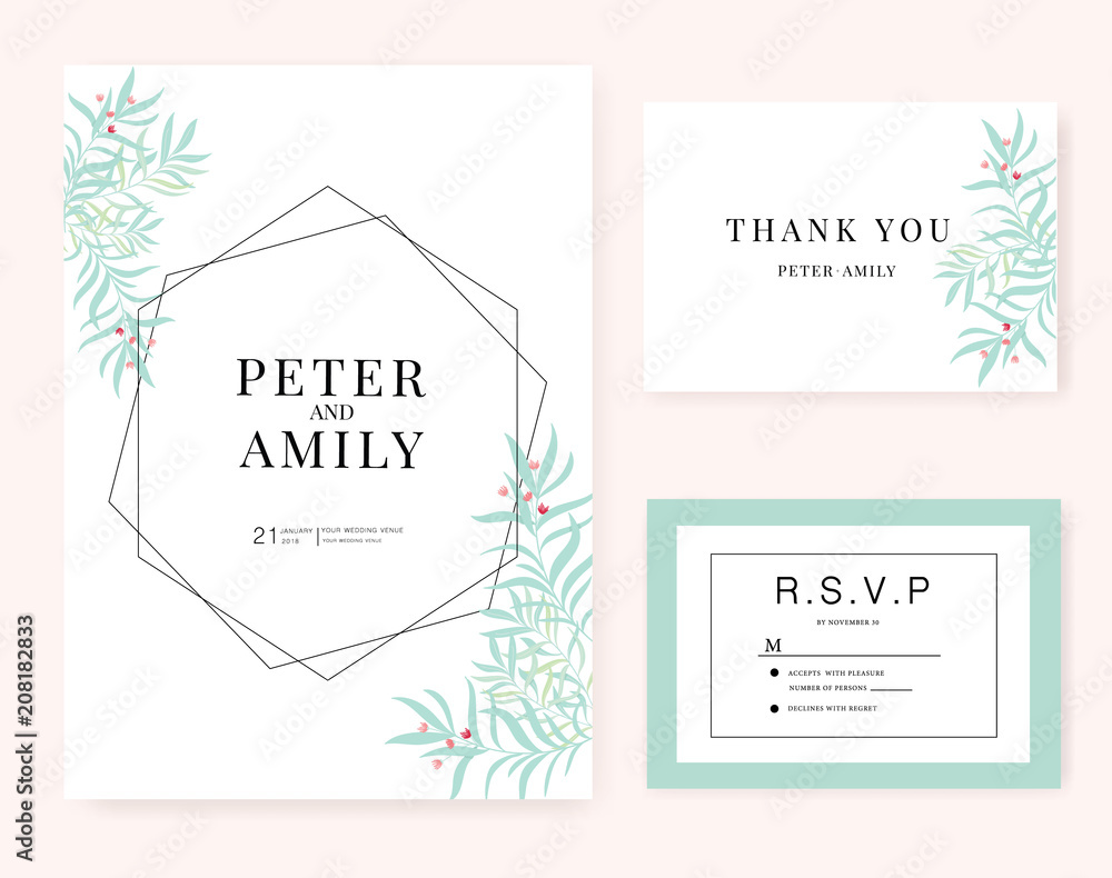 Wedding card invitation set with green leaf and small red  flower vector template.