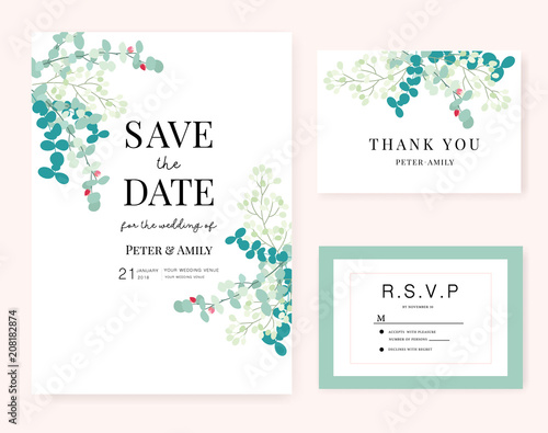 Wedding invite  invitation  rsvp  save the date card design with elegant peony pink garden rose anemone  wax flowers eucalyptus branches leaves  cute golden geometrical pattern. Vector template set