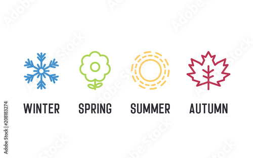 Fototapeta Four seasons icon set. 4 Vector graphic element illustrations representing winter, spring, summer, autumn. Snowflake, flower, sun and maple leaf