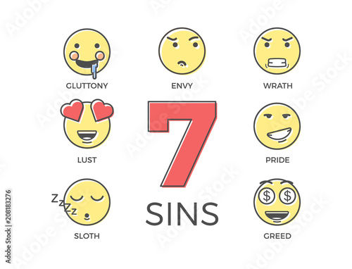 Valokuvatapetti 7 deadly sins represented by seven emoticon character expressions
