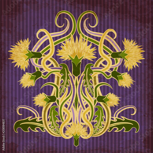 Fototapeta Naklejka Na Ścianę i Meble -  Background with flowers dandelions in art nouveau style, vector illustration
