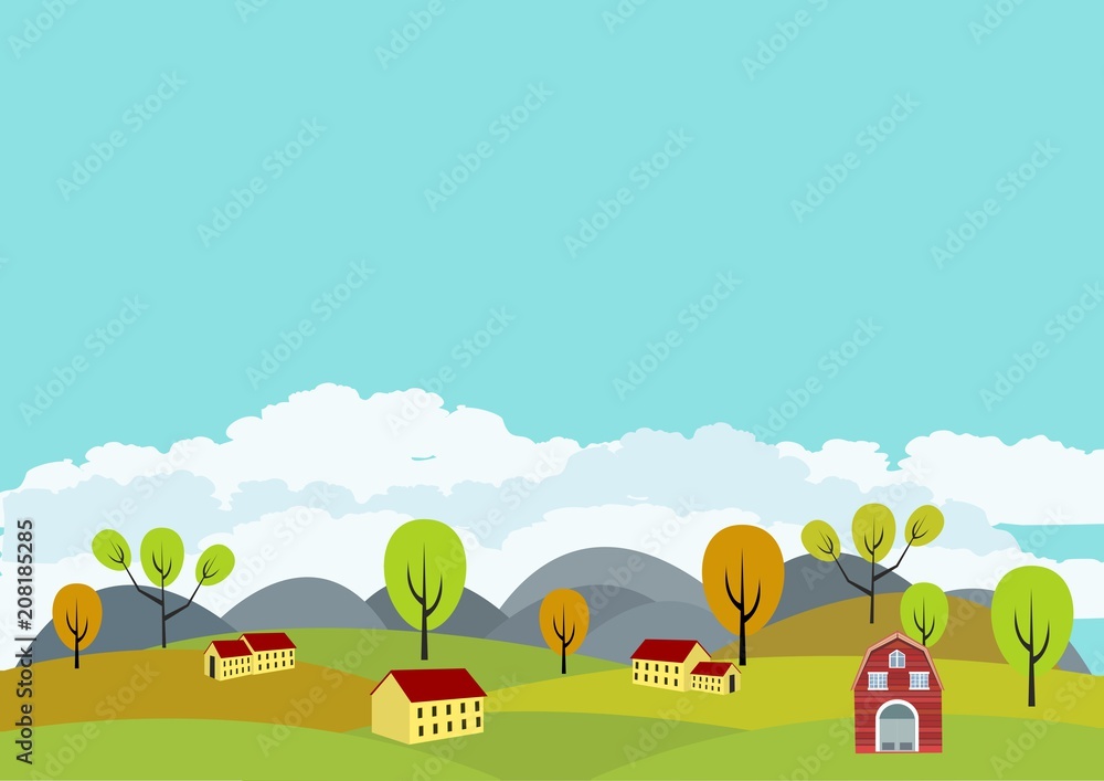 Countryside vector landscape, mountains, birds, green hills, plants, houses, concept vector Countryside vector landscape, mountains, birds, green hills, plants, houses, concept vector