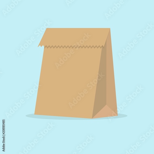 Grocery paper bag vector illustration isolated on background. Brown paper bag for products or food in flat style.