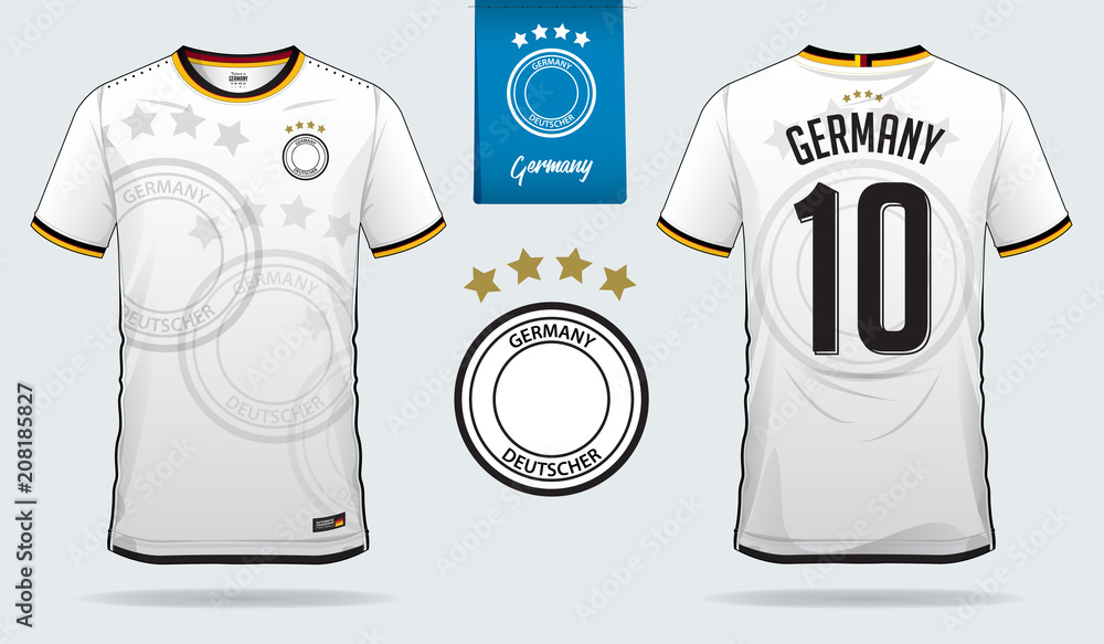 Fototapeta premium Soccer jersey or football kit template design for Germany national football team. Front and back view soccer uniform. Football t shirt mock up. Vector Illustration