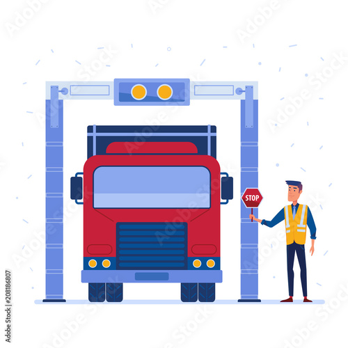 Customs truck cargo scanner. Customs inspector checks the truck with modern x-ray scanner. Concept of hitech customs point and logistics technology. Vector flat design illustration on white background