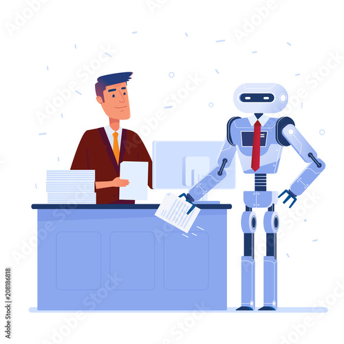 Young caucasian man hires a robot with curriculum vitae in hands. Robot seeking for a job. Concept of artificial intelligence, robotization and automatization. Vector flat design illustration.