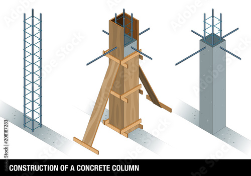 CONSTRUCTION OF A CONCRETE COLUMN. The graph shows a column of concrete before and after the wooden formwork on a white background. Vector image photo