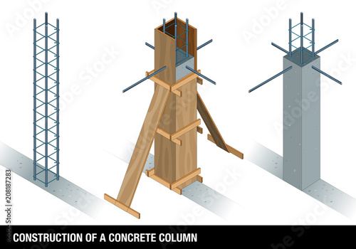 CONSTRUCTION OF A CONCRETE COLUMN. The graph shows a column of concrete before and after the wooden formwork on a white background. Vector image