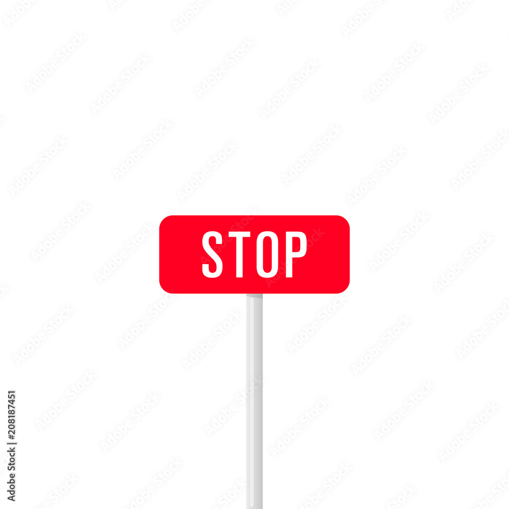 Minimalist icon of signpost with red board saying Stop in white letters isolated on white Minimalist icon of signpost with red board saying Stop in white letters isolated on white