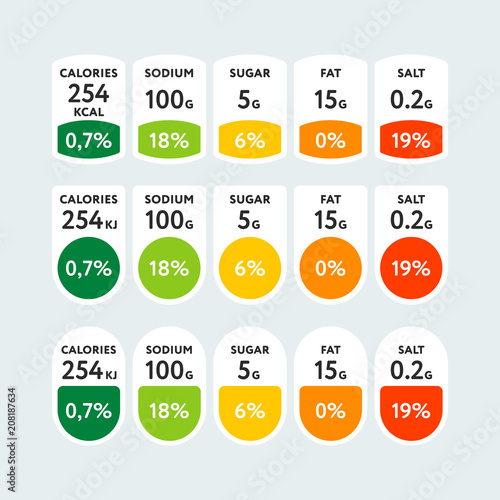 Composed colorful tags with various nutrients shown in grams and percentage of daily norm