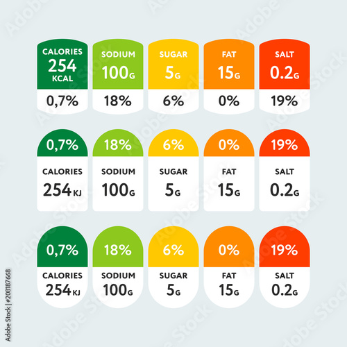 Colorful arrangement of shaped tags showing daily percentage and nutrients value on light blue