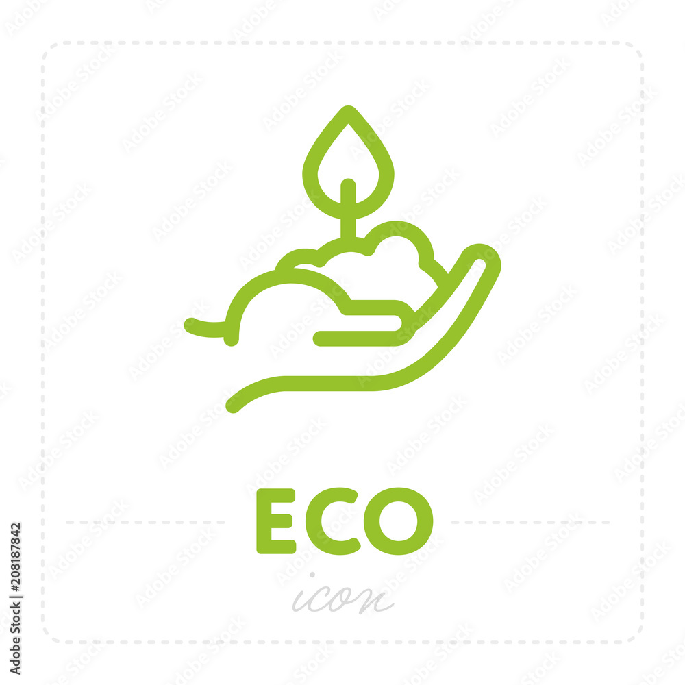 Ecology icon design with hand holding soil and small sprout in green color isolated on white background Ecology icon design with hand holding soil and small sprout in green color isolated on white background
