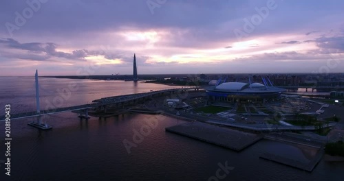 Aerial drone view of the beautiful sunset over the Gulf of Finland and world cup 2018 football stadium.  Saint Petersburg, Russia