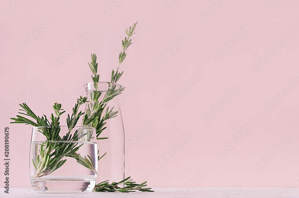 Gentle spring vanilla background of fresh bouquet rosemary in glass and retro milk bottle on white table and pink wall. - obrazy, fototapety, plakaty 