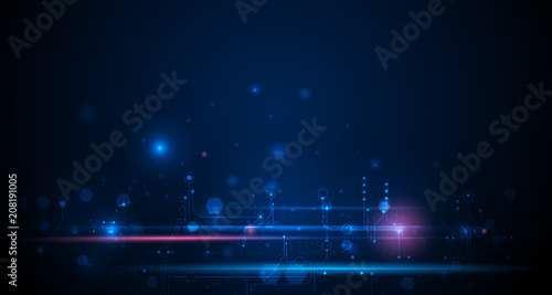 Vector illustration circuit board and hexagons background. Hi-tech digital technology and engineering, digital telecom technology concept. Vector abstract futuristic on dark blue color background
