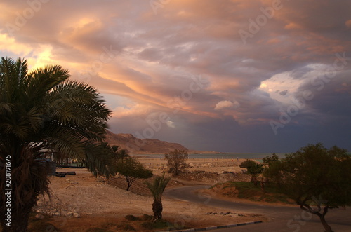 Dramatic sunset on the Dead Sea