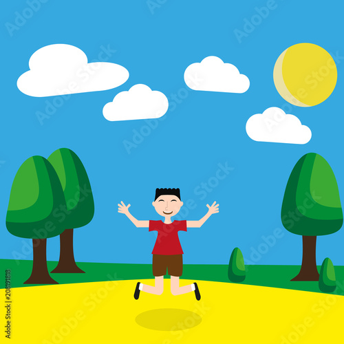 boy in the nature/The boy rejoices at the fact that for the summer. The child is biting, having fun. The child is on vacation. The background of the tree, grass, sand. 