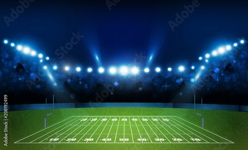 American football arena field with bright stadium lights design. Vector illumination